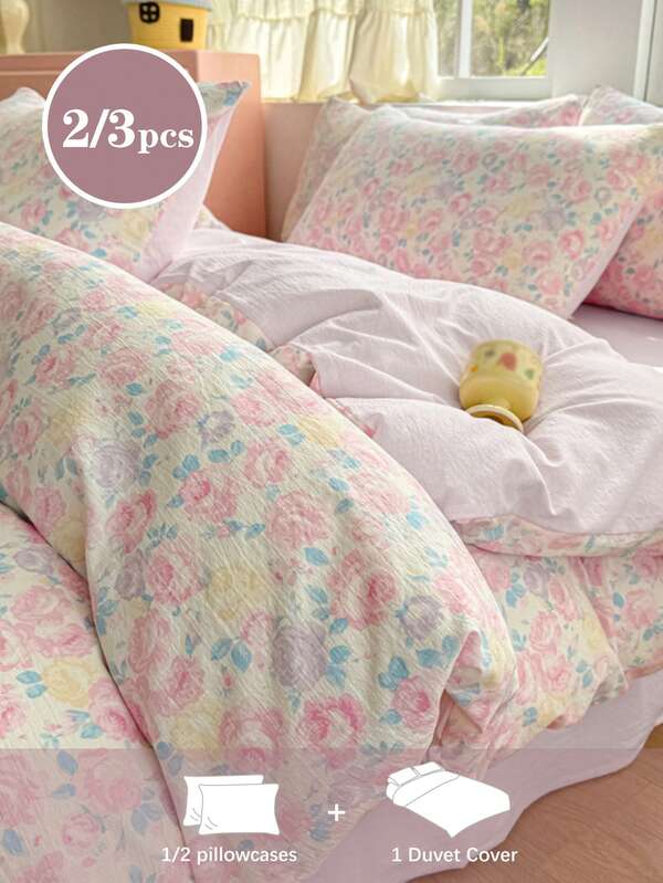 2/3pcs Romantic Floral Print, Pink & Purple Rose Pattern, Pleated Texture, Super Soft, Sweet & Cute, Back To School Season, Washed Duvet Cover & Pillowcase Set, Spring/Summer Style, Available For Double, Queen, King Size Beds