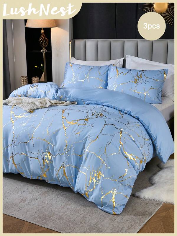 1 Duvet Cover Set, Blue & Gold, White & Gold Metallic Marble Print, Foil Glitter Bedding Set, Includes 2 Pillowcases, Soft Microfiber Lightweight Breathable Duvet Cover, Suitable For All Seasons, 1 Duvet Cover, 2 Pillowcases, Comforter Not Included