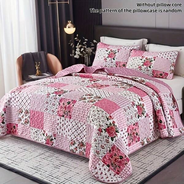 3-Piece Sweet Pink Quilted Bedspread Set With Floral Patchwork Print, Includes 1 Bedspread And 2 Pillowcases, Machine Washable, Suitable For All Seasons, Soft Breathable Comfortable Bedroom Dorm Room Decor Bedding Set