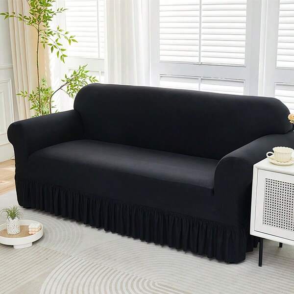 1pc Solid Black Stretch Skirt Style Sofa Cover, Black Sofa Dust Cover For 1/2/3/4 Seater Sofa, Soft Fabric Suitable For Living Room, Bedroom, Study