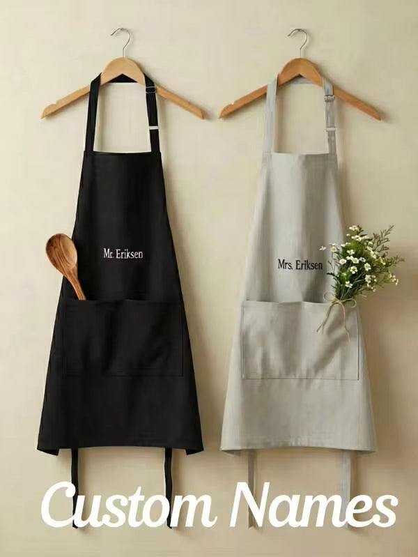 Personalized Embroidered Name Apron, Chef Baking Apron For Men Women, Canvas Work Apron With Pockets, Embroidered Kitchen BBQ Bartender Grilling Apron, Thoughtful Gift