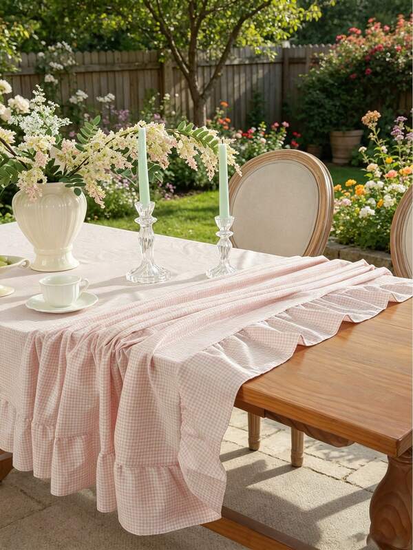 1pc Tablecloth With Ruffle Hem Decoration, Polyester Fabric, Light Pink Dual-Tone Plaid Pattern, Rectangular/Square Tablecloth, Suitable For Dining Room And Living Room Tabletop Decor